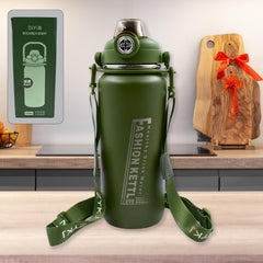 13039 Liter Stainless Steel Water Bottle with Straw, Strap & Handle Vacuum Insulated Thermos Flask Double-Walled Coffee Thermos Flask Leak-proof Water Bottle for Sports, Fitness, Gym (1500ML)