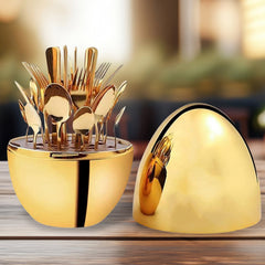 10010 Premium Cutlery Set 24 Pcs with Oval Shaped Stand | Beautiful Stylish Oval Designed Cutlery Sets, Egg-Shaped Luxury Spoon Holder Set (Golden / 24 pcs set)