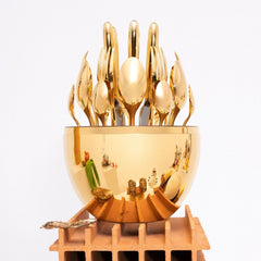 10010 Premium Cutlery Set 24 Pcs with Oval Shaped Stand | Beautiful Stylish Oval Designed Cutlery Sets, Egg-Shaped Luxury Spoon Holder Set (Golden / 24 pcs set)