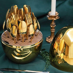 10010 Premium Cutlery Set 24 Pcs with Oval Shaped Stand | Beautiful Stylish Oval Designed Cutlery Sets, Egg-Shaped Luxury Spoon Holder Set (Golden / 24 pcs set)