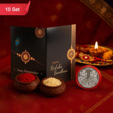 Raksha Bandhan Gift Set – Roli Chawal with Greeting Card & Silver-Coated Coin ,Rakhi Gift Combo(10 Set)
