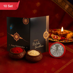Raksha Bandhan Gift Set – Roli Chawal with Greeting Card & Silver-Coated Coin ,Rakhi Gift Combo(10 Set)
