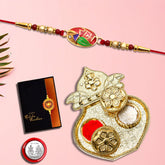 Oval Shape Ram Name Design With Square Pooja Thali Set ,Silver Color Pooja Coin, Roli Chawal & Greeting Card