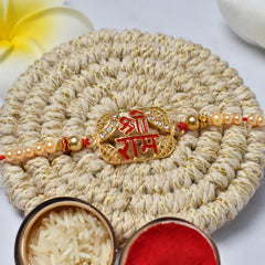 Shree Ram On Square With Beads With Effete Assorted Chocolate 96Gm ,Silver Color Pooja Coin, Roli Chawal & Greeting Card