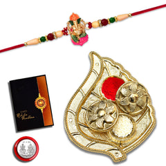Lord Ganesha With Colorful Design With Leaf Pooja Thali Set ,Silver Color Pooja Coin, Roli Chawal & Greeting Card