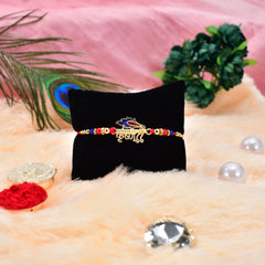Krushna Rakhi With Morpichh With Ganesha Pooja Thali Set ,Silver Color Pooja Coin, Roli Chawal & Greeting Card