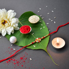 Flower Shape With Red & White Mina With Effete Magic Chocolate 32Gm ,Silver Color Pooja Coin, Roli Chawal & Greeting Card
