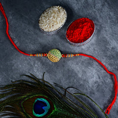 Green-Golden Circle Design With Effete Butterscotch Chocolate 96Gm ,Silver Color Pooja Coin, Roli Chawal & Greeting Card