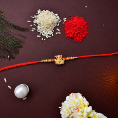 Ganesh With Beads Rakhi With Square Pooja Thali Set ,Silver Color Pooja Coin, Roli Chawal & Greeting Card