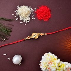 Om Rakhi With Diamonds And Traditional Look With Square Pooja Thali Set ,Silver Color Pooja Coin, Roli Chawal & Greeting Card