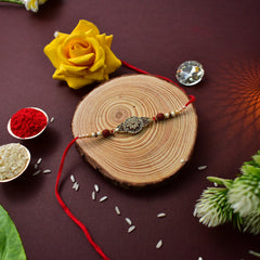 Om Rakhi With Diamond And Traditional Rakhi In Round Shape With Decorative Baby Buddha Gift ,Silver Color Pooja Coin, Roli Chawal & Greeting Card