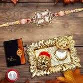 Swastik Rakhi With Diamonds With Square Pooja Thali Set ,Silver Color Pooja Coin, Roli Chawal & Greeting Card