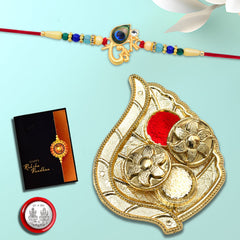 Om With Morpichh And Beads With Leaf Pooja Thali Set ,Silver Color Pooja Coin, Roli Chawal & Greeting Card