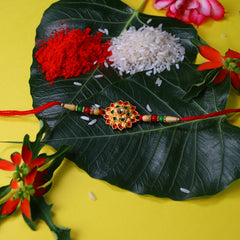 Flower Golden Rakhi And Mor With Morpichh Rakhi With Decorative Gift 4Pc Diya Set ,Silver Color Pooja Coin, Roli Chawal & Greeting Card