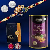 Peacock Rakhi Combo with Effete Assorted Choco Nuts Butterscotch 96gm, Silver Color Pooja Coin, Roli Chawal & Greeting Card