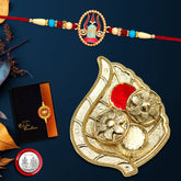 Shivling With Trishul Rakhi With Leaf Pooja Thali Set ,Silver Color Pooja Coin, Roli Chawal & Greeting Card