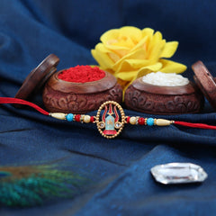 Trishul Design With Colorful Beads With Effete Choco Almond Chocolate 96Gm ,Silver Color Pooja Coin, Roli Chawal & Greeting Card