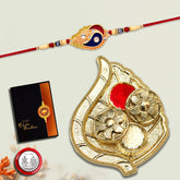 Red And Green Mina Rakhi With Diamond With Leaf Pooja Thali Set ,Silver Color Pooja Coin, Roli Chawal & Greeting Card