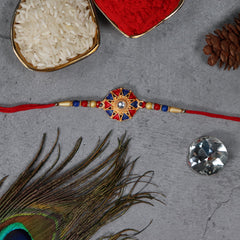 Morli Rakhi With Golden Color Red And Green Mina Work With Decorative Gift 4Pc Diya Set ,Silver Color Pooja Coin, Roli Chawal & Greeting Card