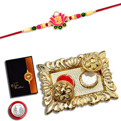 Ganesh In Kamal Flower Rakhi With Square Pooja Thali Set ,Silver Color Pooja Coin, Roli Chawal & Greeting Card