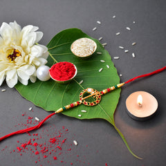 Morli Rakhi With Round And Beads Rakhi With Kalash Pooja Thali Set ,Silver Color Pooja Coin, Roli Chawal & Greeting Card