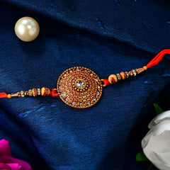 Traditional Round Shape Rakhi With Diamonds With Decorative Baby Buddha Gift ,Silver Color Pooja Coin, Roli Chawal & Greeting Card