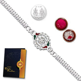 Unisex Adult Rakhi (K1_A1) Pooja Coin, Tilak Set & Rakhi Card, Silver Rakhi For Brother, Bhaiya Bhabhi Rakhi Set, Chandi Ki Rakhi, Lumba Rakhi For Bhabhi, Bhai Bhabhi Rakhi Set