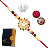Multicolor Colorful Rakhi Combo with Silver Color Pooja Coin, Tilak Set & Greeting Card | Bracelets for men stylish | Rakhi in silver | handmade rakhi | Fancy Rakhi for Bro| Set of 1 |