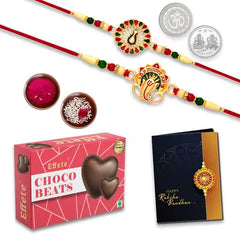Rakhi Gift Combo with 2 Traditional Rakhis for Brother – Includes Choco Beats Box, 2 Silver Coins, Roli Chawal & Greeting Card,Rakhi Gift Combo