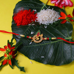 Morli Rakhi With Golden Color Red And Green Mina Work With Decorative Gift 4Pc Diya Set ,Silver Color Pooja Coin, Roli Chawal & Greeting Card
