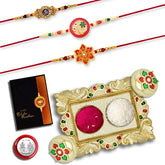 Rakhi Combo (K3_517+518+522_AA1) with Pooja Coin, Gold Color Pooja Thali / Tilak Set & Greeting Card, rakhi thali | rakhi for brother and bhabhi | Rakhi with plate | Rakhi for kids | rakhi for brother and bhabhi | handmade rakh | rakhi for brother