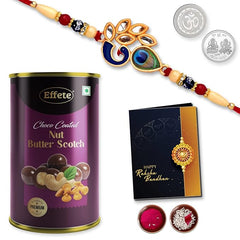 Peacock Rakhi Combo with Effete Assorted Choco Nuts Butterscotch 96gm, Silver Color Pooja Coin, Roli Chawal & Greeting Card