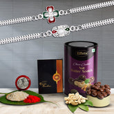 Multicolor Floral Silver Color Bracelets Rakhis / Bracelet (K2_A34+A35_BS) & Chocolate Butter Scotch 96gm with Silver Color Pooja Coin, Roli Chawal & Greeting Card | Occasion | Rakhi for brother with gift | handmade rakhi |rakhi combo for br