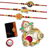 Rakhi Combo with (K3_320+321+322_AA3) with Pooja Coin, Shri Ganesh Pooja Thali / Tilak Set & Greeting Card Rakhi with plate | rakhi thali set | rakhi in silver | rakhi hamper | handmade rakhi | rakhi for brother kids | rakhi for brother and bhabhi