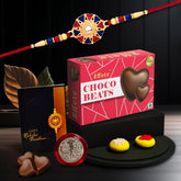 Multicolor Hearts Diamond Colorful Beads Rakhi / Bracelet (K1_536_CB32) & Chocolate Beats 32gm with Silver Color Pooja Coin, Roli Chawal & Greeting Card, Occasion, Rakhi for brother with gift, Rakhi with chocolate, rakhi combo for brother, S