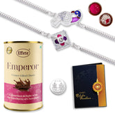 Multicolor Bracelet / Rakhi & Chocolate Emperor (CRM) with Silver Color Pooja Coin, Roli Chawal & Greeting Card | Occasion | Rakhi for brother with gift | handmade rakhi |rakhi combo for brother | stylish rakhi for brother | Set of 2 Rakhi |