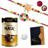 Multicolor Lord Hanuman & Floral Colorful Beads Rakhis Combo with Chocolate Magic , Silver Color Pooja Coin, Roli Chawal & Greeting Card | Occasion | Rakhi for brother with gift | bracelets for men stylish |rakhi combo for brother | Set of 2