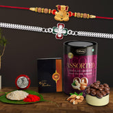 Multicolor Bracelet/ Rakhi (K2_3+A63_AS) & Assorted Chocolate Dry fruits 96gm with Silver Color Pooja Coin, Roli Chawal & Greeting Card | Occasion | Rakhi Combo with card and chocolate | chocolates gift | Rakhi & Chocolate for brother | rakh