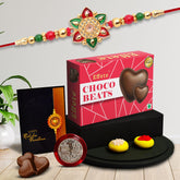 Rakhi combo Gift For Brother with center filled chocolate, Golden color Rakhi, Rakhi Gift for Brother/Sister | Rakkhi for Men | Rakhi Set Of 1, With Greeting Card,Roli Chaval & Coin (K1_703_CB32)