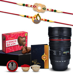 Design Rakhi for Brother | Peacock Rakhi for Brother | Rakhi Combo Chocolate Beats 32gm & Camera Lens Coffee Mug with Pooja Coin & Greeting Card (K2_277+282_M720+CB32)