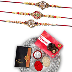 Rakhi (K3_427+428+429_DS+CM32) & Chocolate Magic 32gm & Pooja Thali| Rakhi for brother with gift | Rakhi with chocolate |rakhi combo for brother | Set of 3 Rakhi | Chocolate|