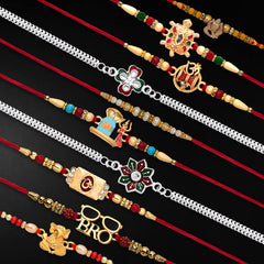 Rakshbandhan Special Silver Plated Rakhi, Set of 10 with Chocofarm Choco Peanuts, 32 g, Roli Chawal, Pooja Coin and Greeting Card