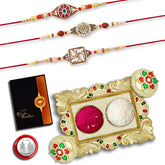 Rakhi Combo (K3_424+425+426_AA1) with Pooja Coin, Gold Color Pooja Thali / Tilak Set & Greeting Card, rakhi thali set | Rakhi with plate | bhaiya bhabhi rakhi set | rakhi hamper | handmade rakhi | rakhi for brother and bhabhi | rakhi for brother ki