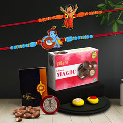 Rakhi Combo (K2_876+877_CM32) & Chocolate Magic 32gm with Pooja Coin & Greeting Card, kids rakhi with gift, rakhi combo for kids, rakhi gift for kids, kids rakhi combo, Rakhi Gift Hamper, rakhi for kids boy, rakhi set of 2