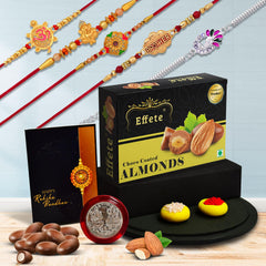 Rakhi For Brother Set Of 5 & Chocolate Combo with Silver Color Pooja Coin, Rakhi With Greeting Card (K5_NC5_CA32)