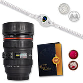 Multicolor Rakhi Combo with (K1_A61_M720) Rakhi & Camera Lens Coffee Mug with Silver Color Pooja Coin & Greeting Card Fancy Rakhi for brother with gift, new Rakhi collection, rakhi combo for brother, Rakhi mug brother, tea mug, Set of 1 Rakhi