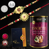 Multicolor OM & Sunflower Colorful Beads Rakhis / Bracelet (K2_263+264_AS) & Assorted Chocolate Dry fruits 96gm, with Silver Color Pooja Coin, Roli Chawal & Greeting Card, Occasion, Rakhi & Chocolate for brother, Rakhi with chocolate, rakhi