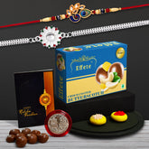 Rakhi For Brother with chocolate butterscotch | Silver color stone Rakhi | New Rakhi | Rakhi Gift Pack for Sister | Rakhi Set Of 2| With Greeting Card,Roli-Chaval,Coin(K2_A4+535_BS32)