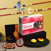 Multicolor Bal Krishna & OM Colorful Beads Rakhis / Bracelet (K2_283+284_CM32) & Chocolate Magic 32gm, with Silver Color Pooja Coin, Roli Chawal & Greeting Card, Occasion, Rakhi & Chocolate for brother, Rakhi with chocolate, rakhi with gift,