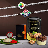 Multicolor Bracelet/ Rakhi (K2_C7+C8_CA) & Chocolate Almonds with Silver Color Pooja Coin, Roli Chawal & Greeting Card | Occasion | Rakhi Combo with card and chocolate | chocolates gift | Rakhi & Chocolate for brother | rakhi with gift | Set